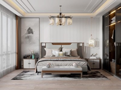 新中式家居卧室3D模型下载